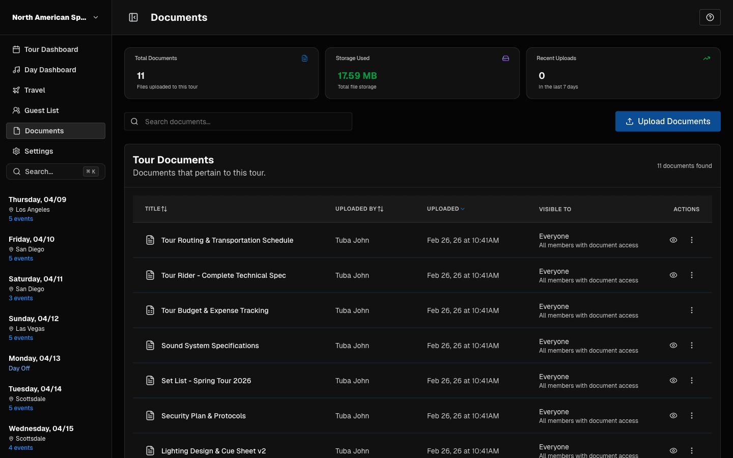 Documents page with metrics, search, and file list