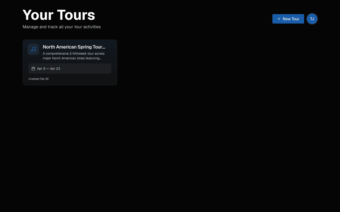 Your Tours page with New Tour button