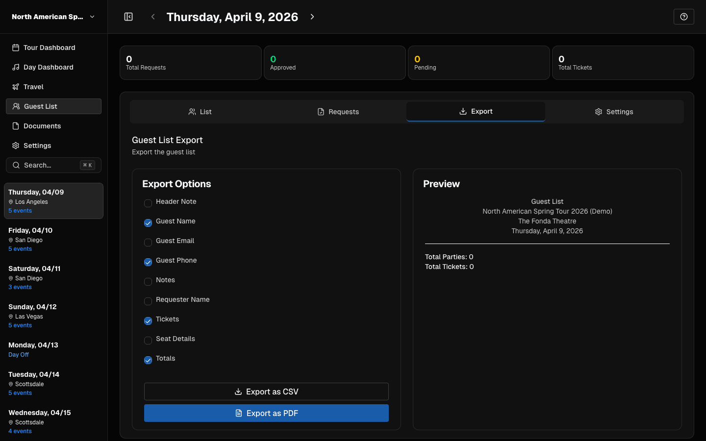 Guest list export tab