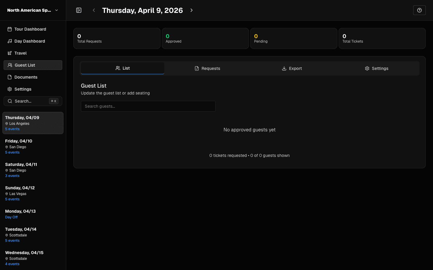 Guest List page list tab