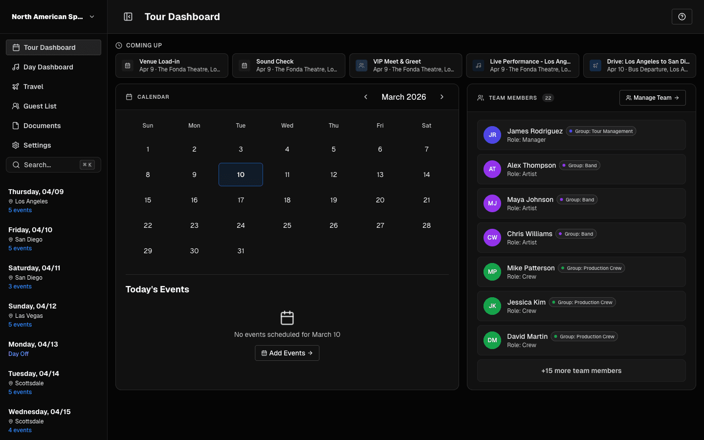 Tour dashboard quick action cards for schedule, shows, travel, and team
