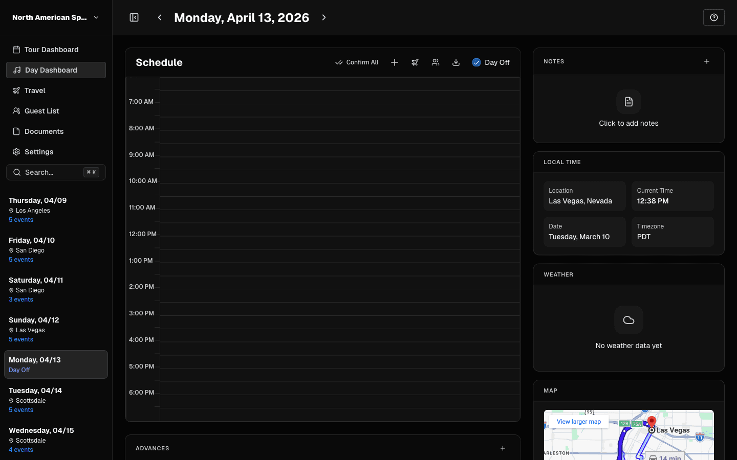 Day Dashboard with empty timeline and side panels