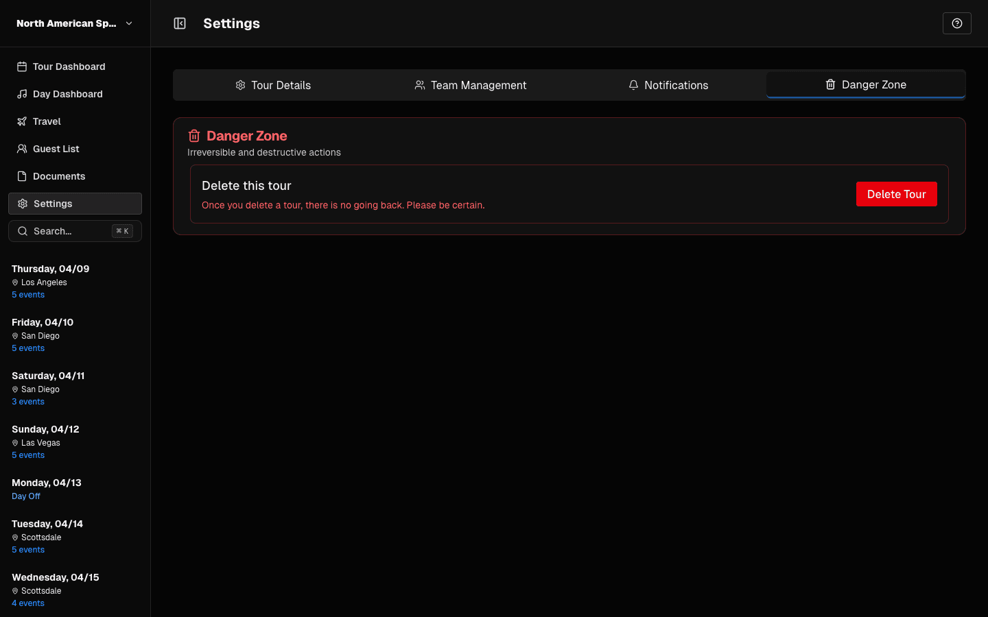 Settings danger zone tab