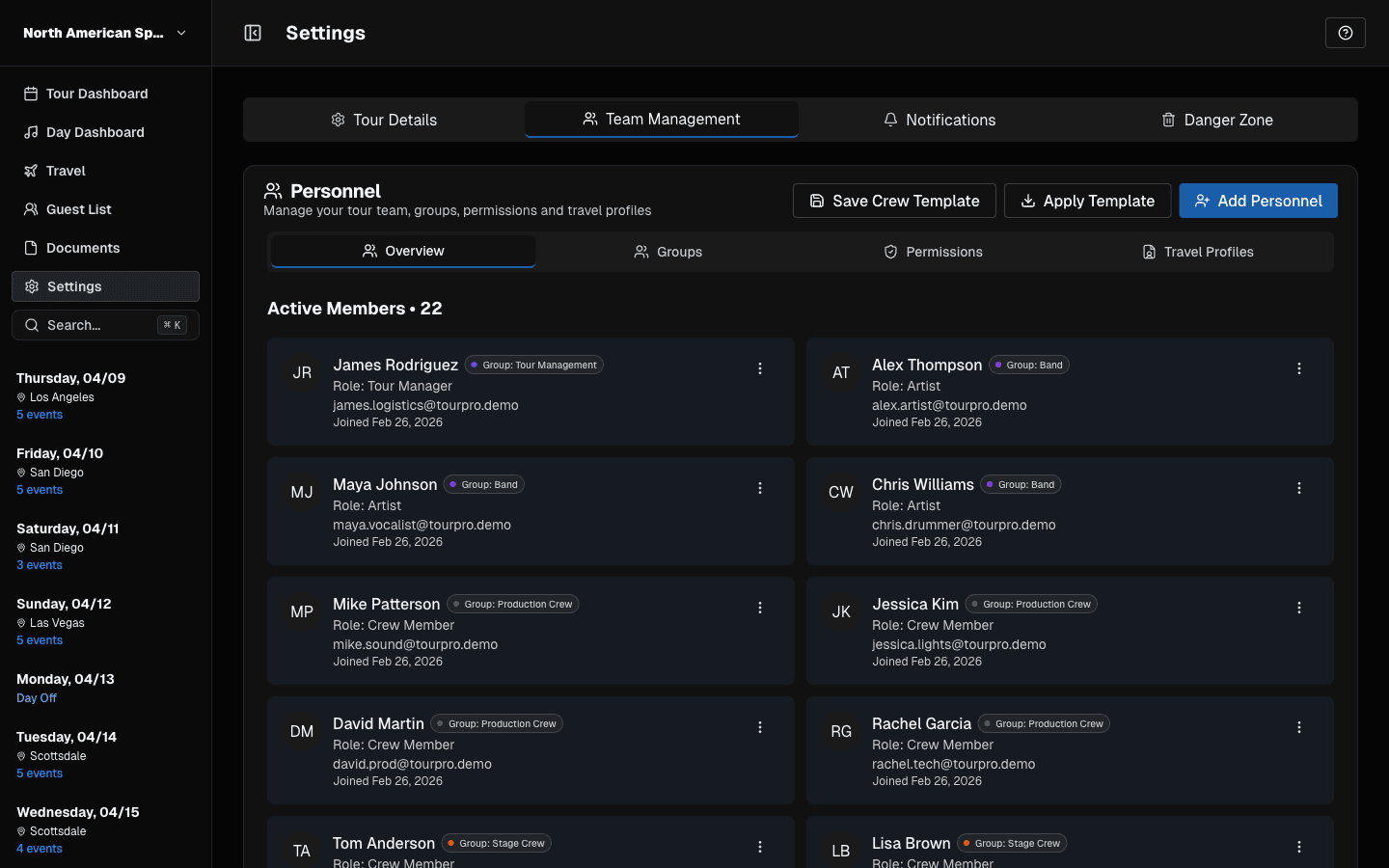 Team Management overview page