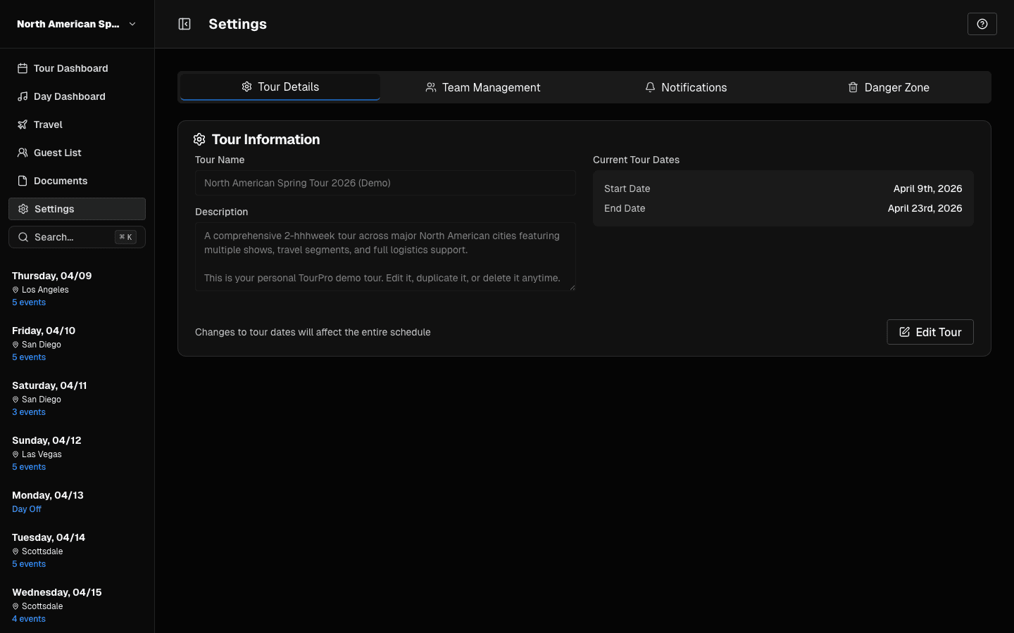 Settings page tour details tab