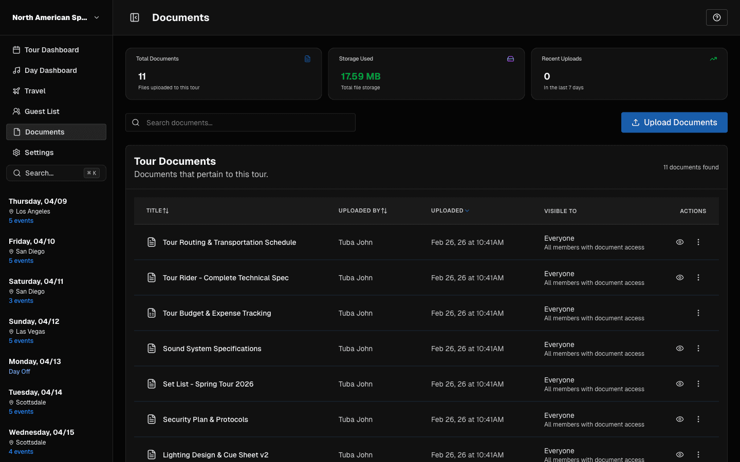 Documents page with search, metrics, and file list