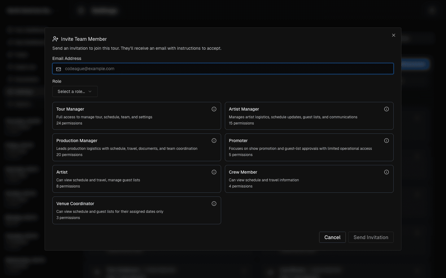 Invite Team Member modal with role options