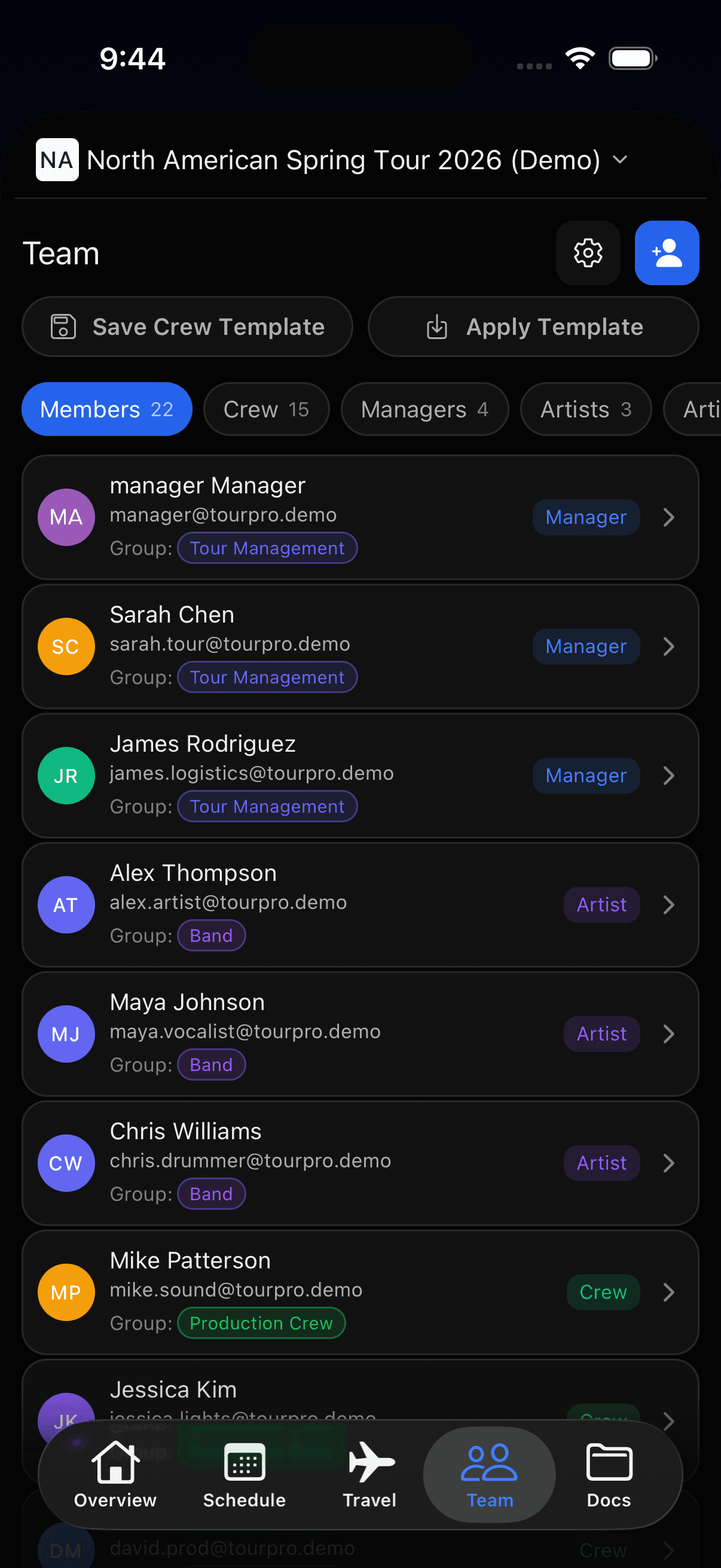 TourPro mobile team roster