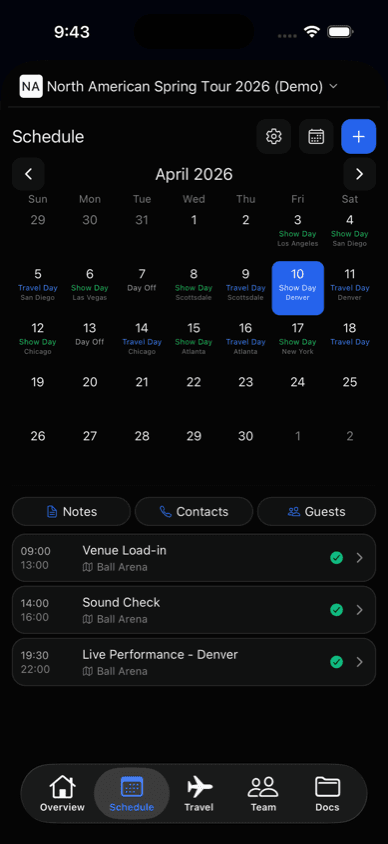 TourPro mobile schedule