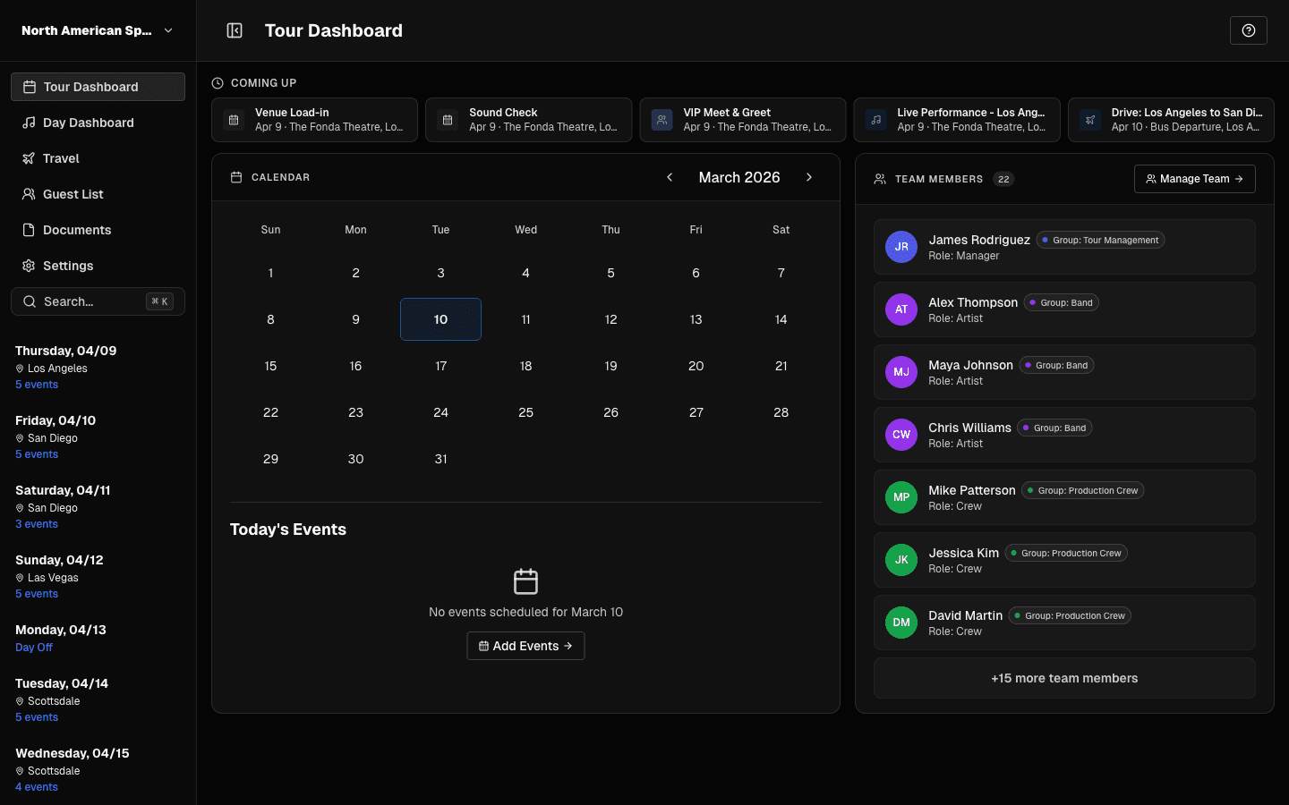 Tour calendar in TourPro