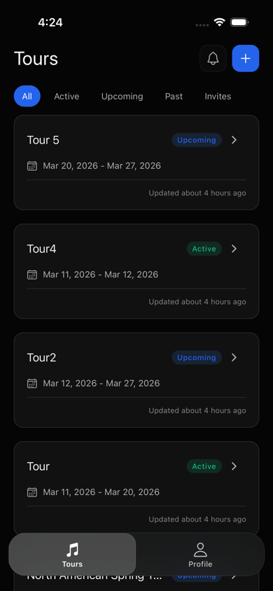 TourPro mobile app — Tours list showing active and upcoming tours