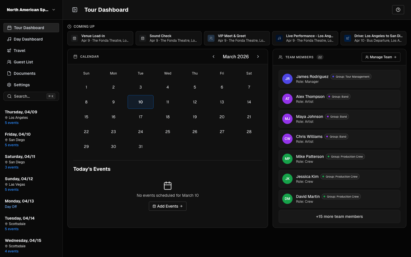 TourPro calendar and events context