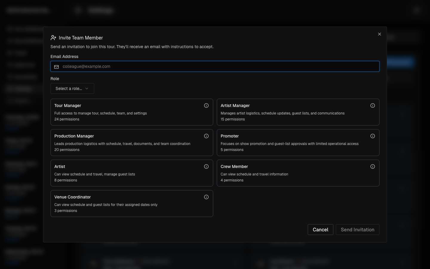 Invite Team Member modal with role options