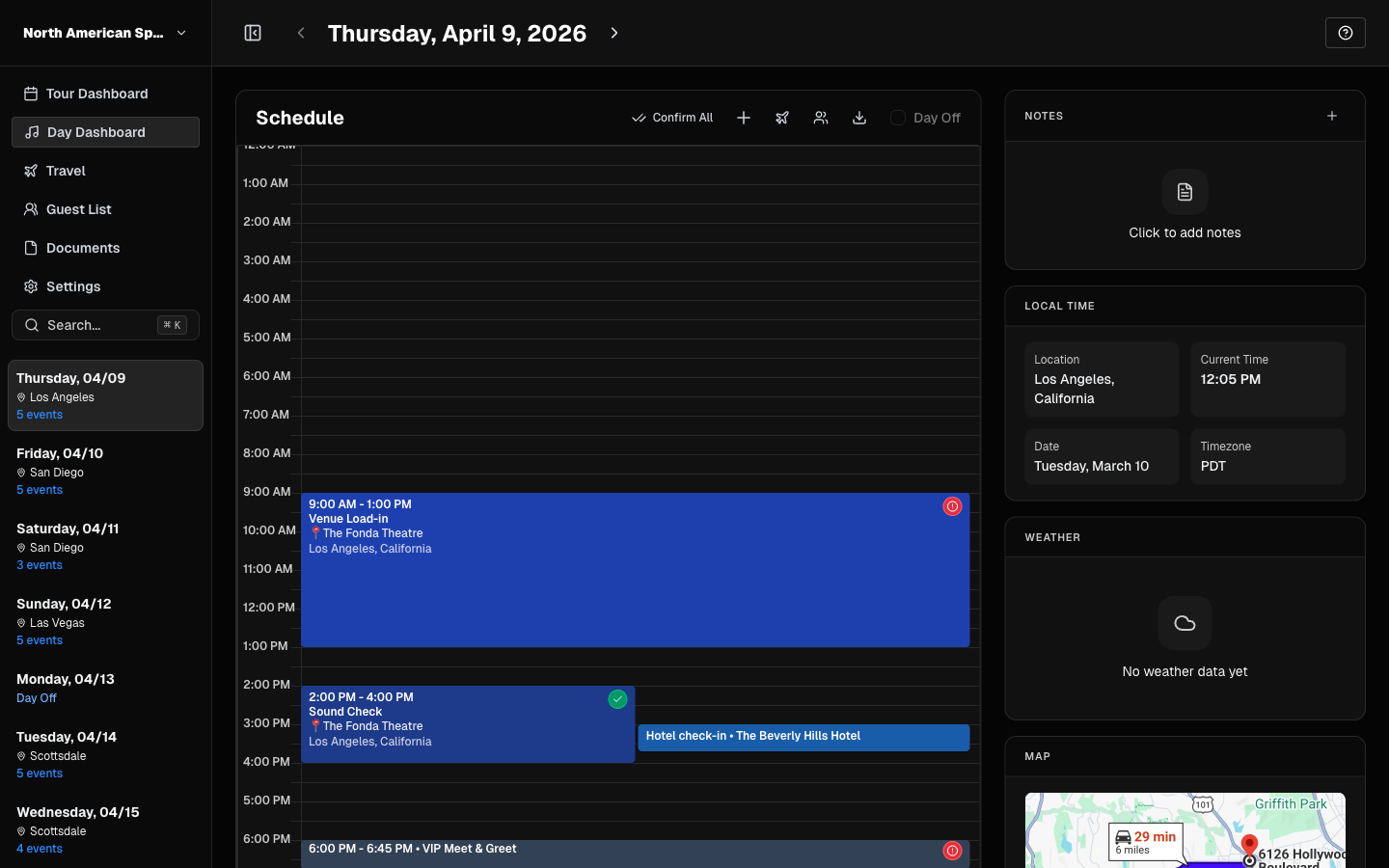 Day management view with scheduled events