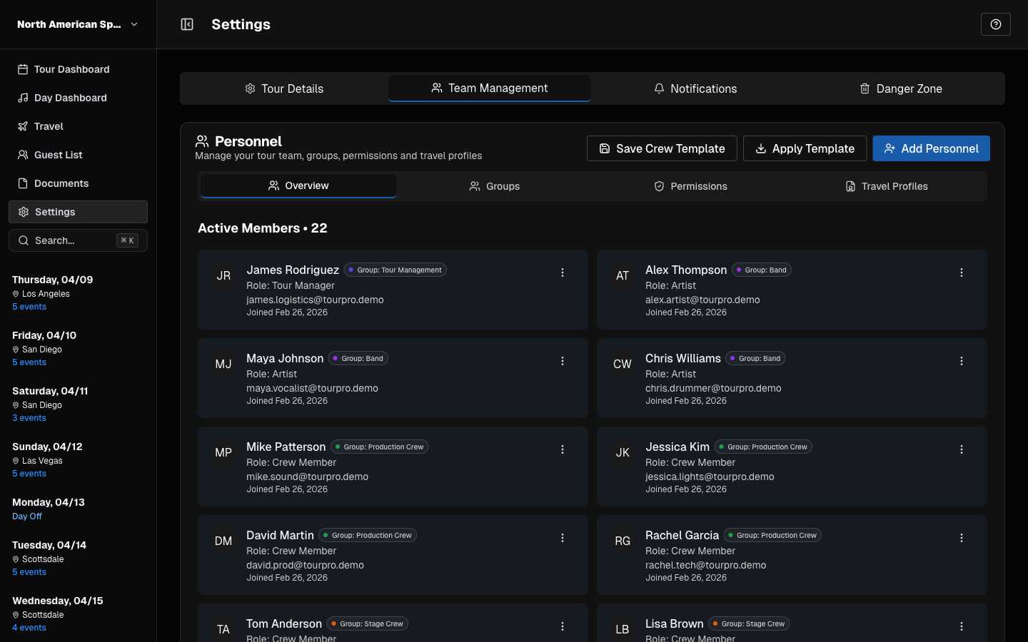 TourPro team management interface
